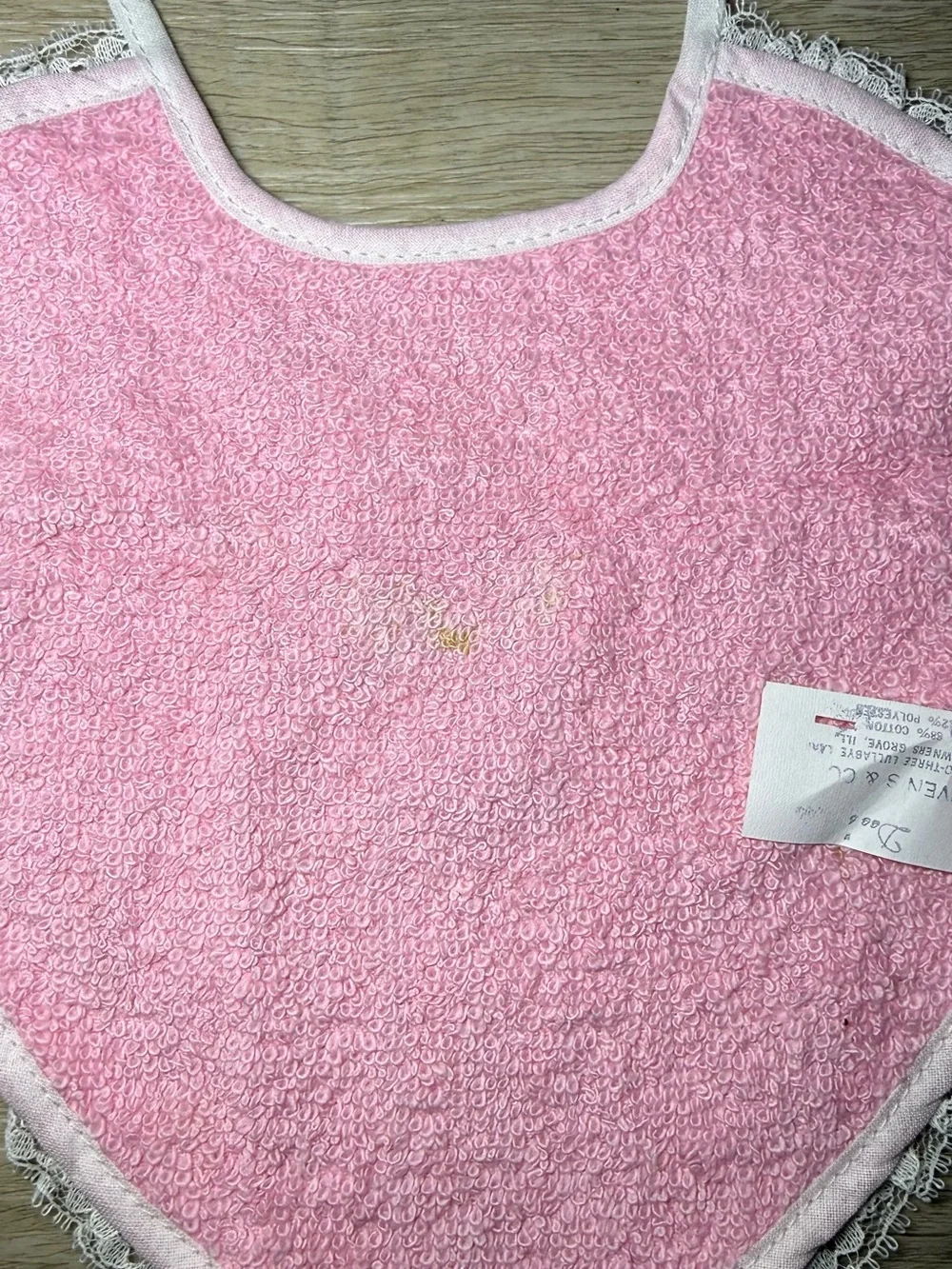 Vintage 1970s Ribbed Pink & Embroidered Rose Floral Baby Bib